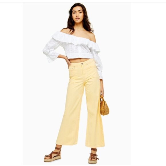 TOPSHOP NEW Wide Leg High Waist Crop Jeans Cotton Pale Yellow Pant Zip Preppy 28 - Picture 1 of 16